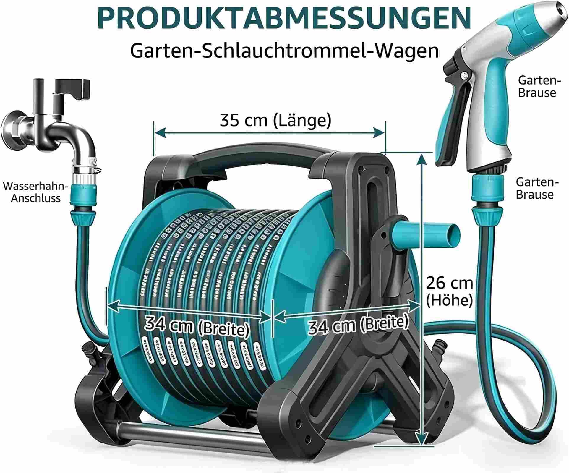 50M Schlauchaufroller für die Wandmontage im Außenbereich, tragbarer Schlauchaufroller für den Boden, Halterung für Wasserleitungen, für Autowaschanlagen,Mobiler Gartenschlauchaufroller mit Wasserrohr
