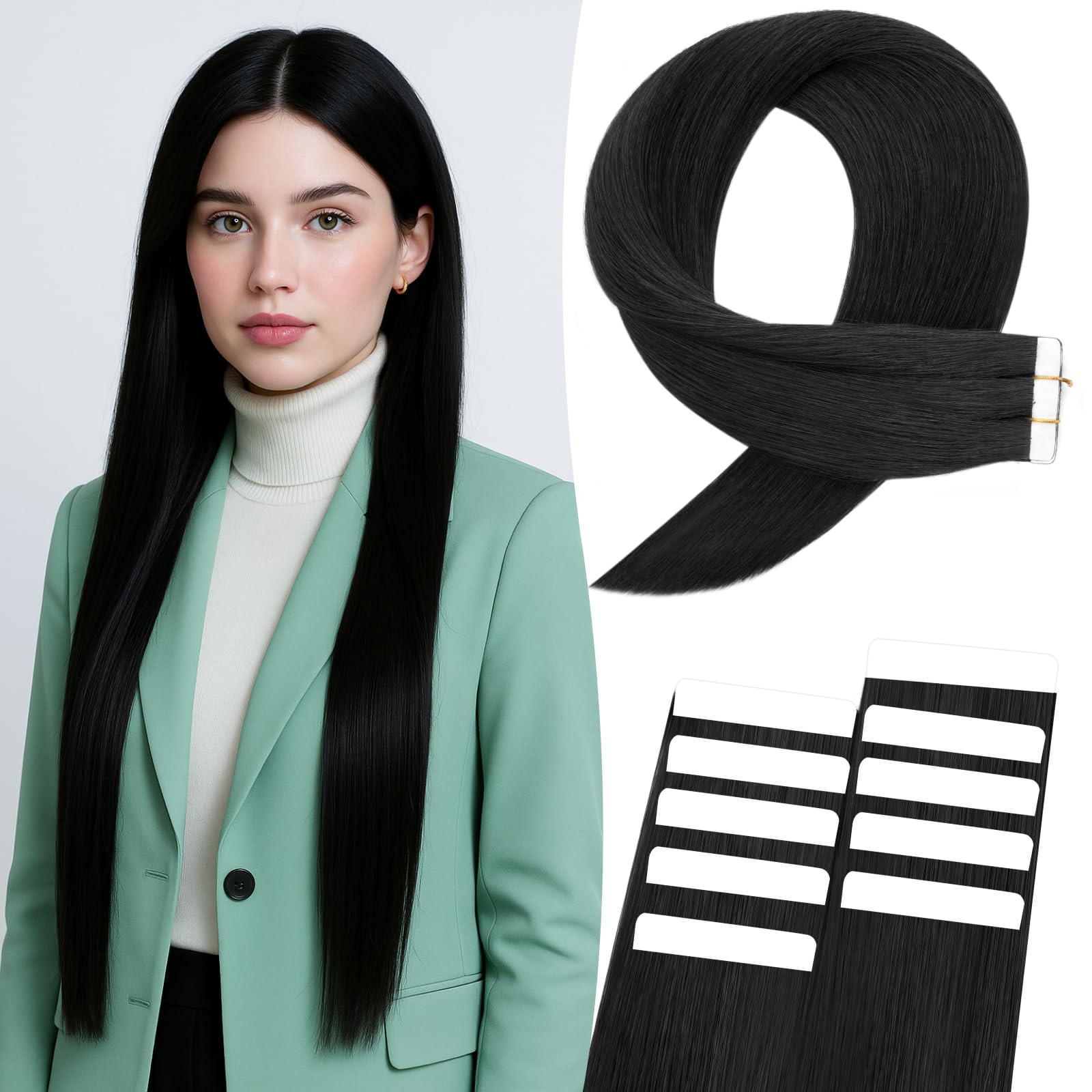 MY-LADY Tape in Hair Extensions 10 Pcs Invisible Thin Type 14 Inch Real Human Hair Tape in Extensions Straight Seamless #1 Jet Black 10g