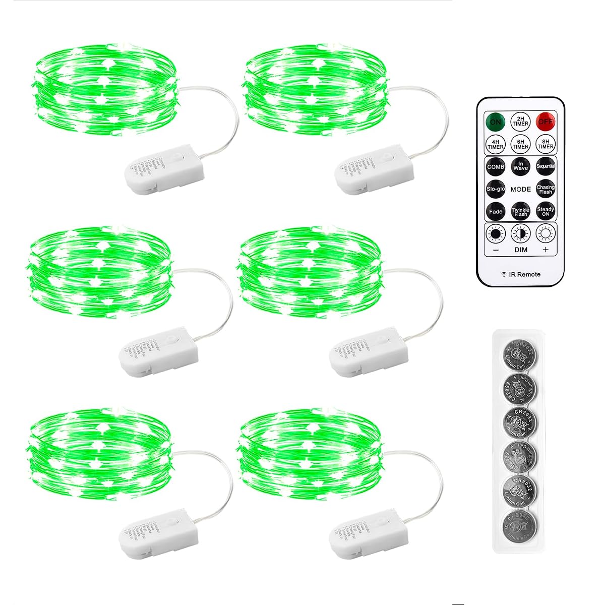 SINAMER 6PCS Green Fairy Lights, 7ft 20Leds, Battery Powered with Remote &