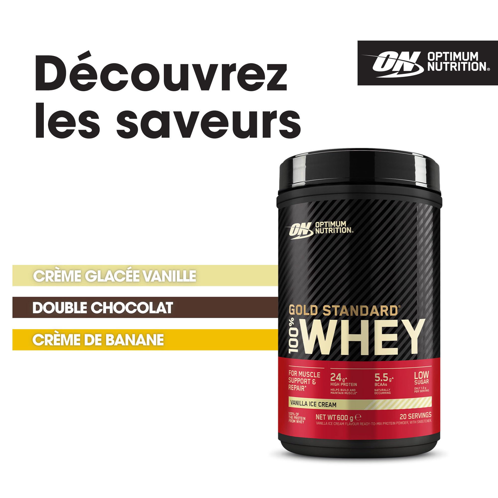 Optimum Nutrition Gold Standard 100% Whey, Protéine en Poudre, Goût Glace à la Vanille, 600g, 20 Doses
