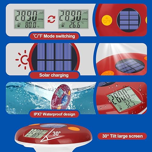 Miniatura 4 de Probador de salinidad digital flotante con ATC, monitor de nivel de sal y temperatura alimentado por energía solar con tiras de pH, medidor de sal
