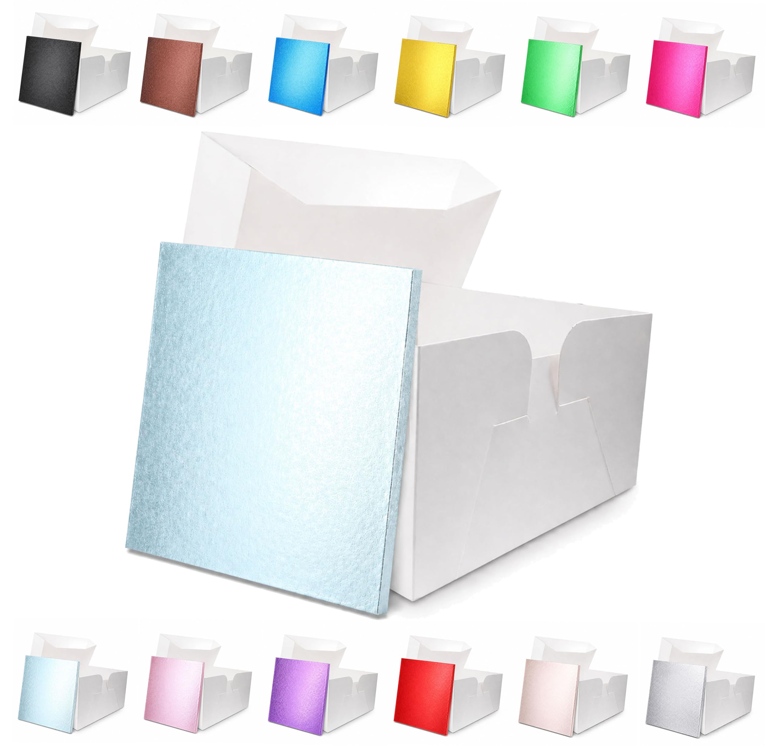 Larryroo Light Blue Square Colour Cake Drum Board & White Box + Lid Combo Pack For Wedding, Birthday Cakes (, 8 Inches)
