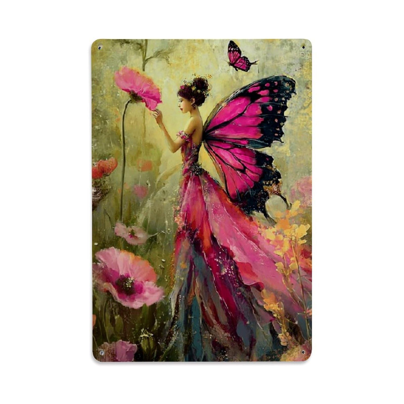 Nestemfo Vintage Pink Butterfly Fairy Flower Pattern Tin Sign Metal Sign, Living Room,Bar, Home, Bedroom Wall Decor,Retro Metal Poster 8X12 Inches