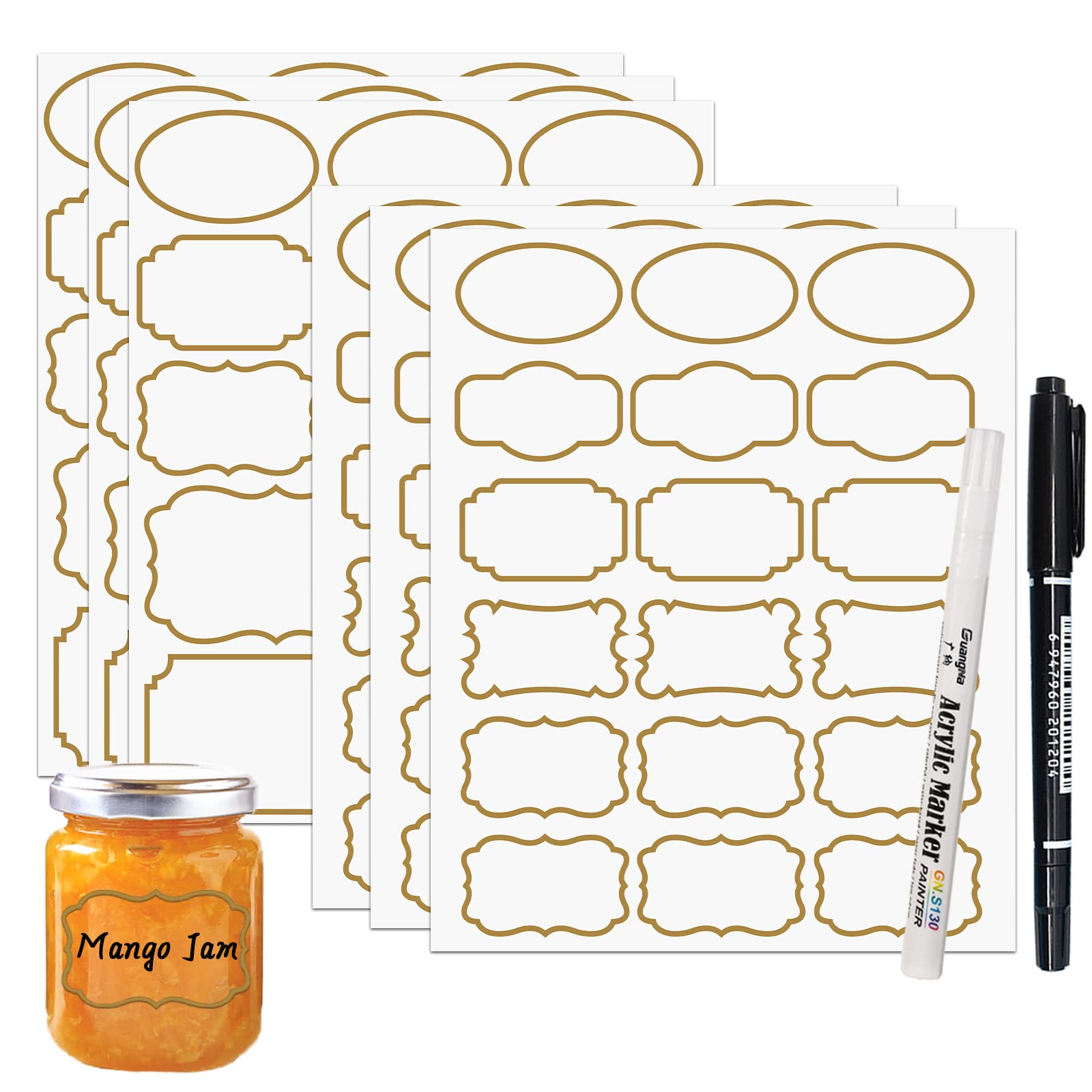JaoNanl Removable Clear Labels for Jars, Transparent Label Stickers with Gold Border,Waterproof Write-On Kitchen Labels with Markers for Food Container,Storage Bin,Spice Jar,Home Organization,93Pcs — image 1