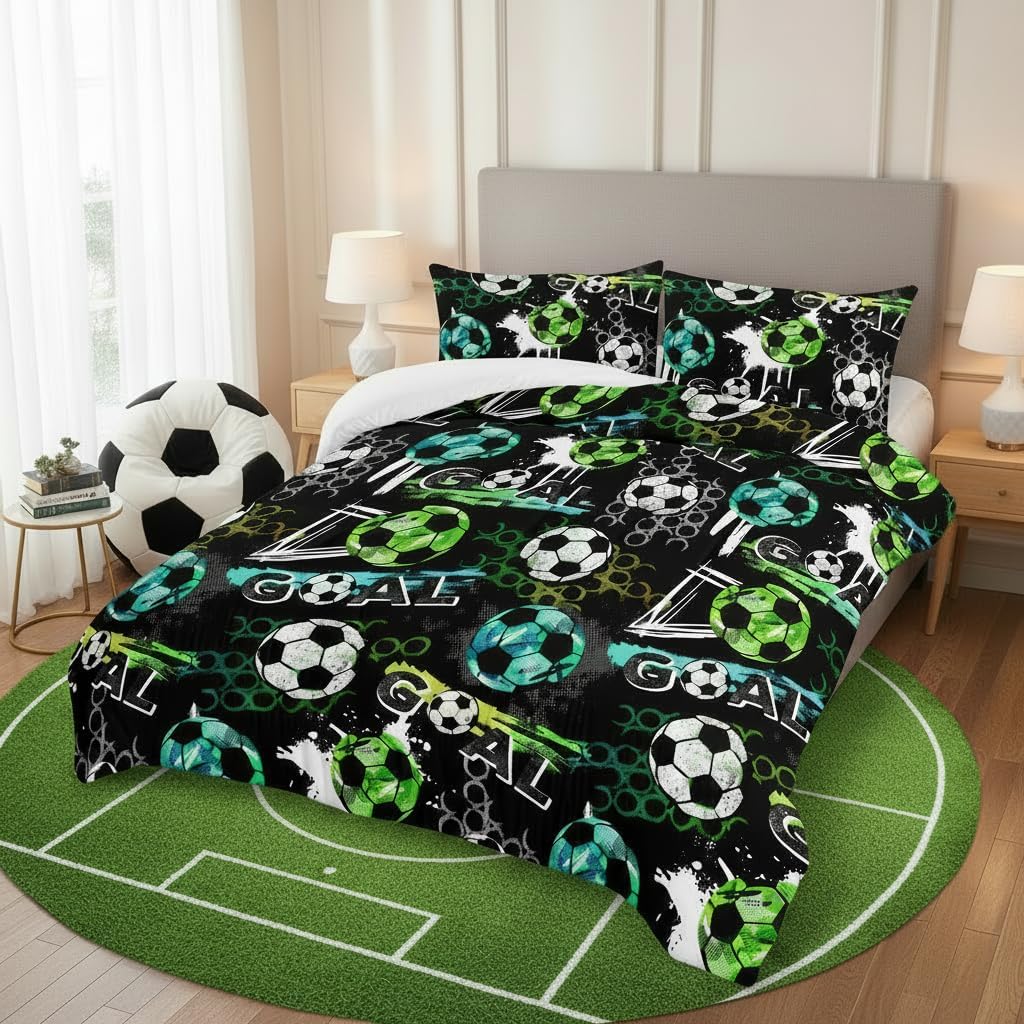 AILONEN Soccer Print Comforter Set for Boys Teens Twin Size 3Pcs, Football Sports with Blue Green White Soccer Pattern Bedding Set,Soft Microfiber,1 Quilt and 2 Pillowcases