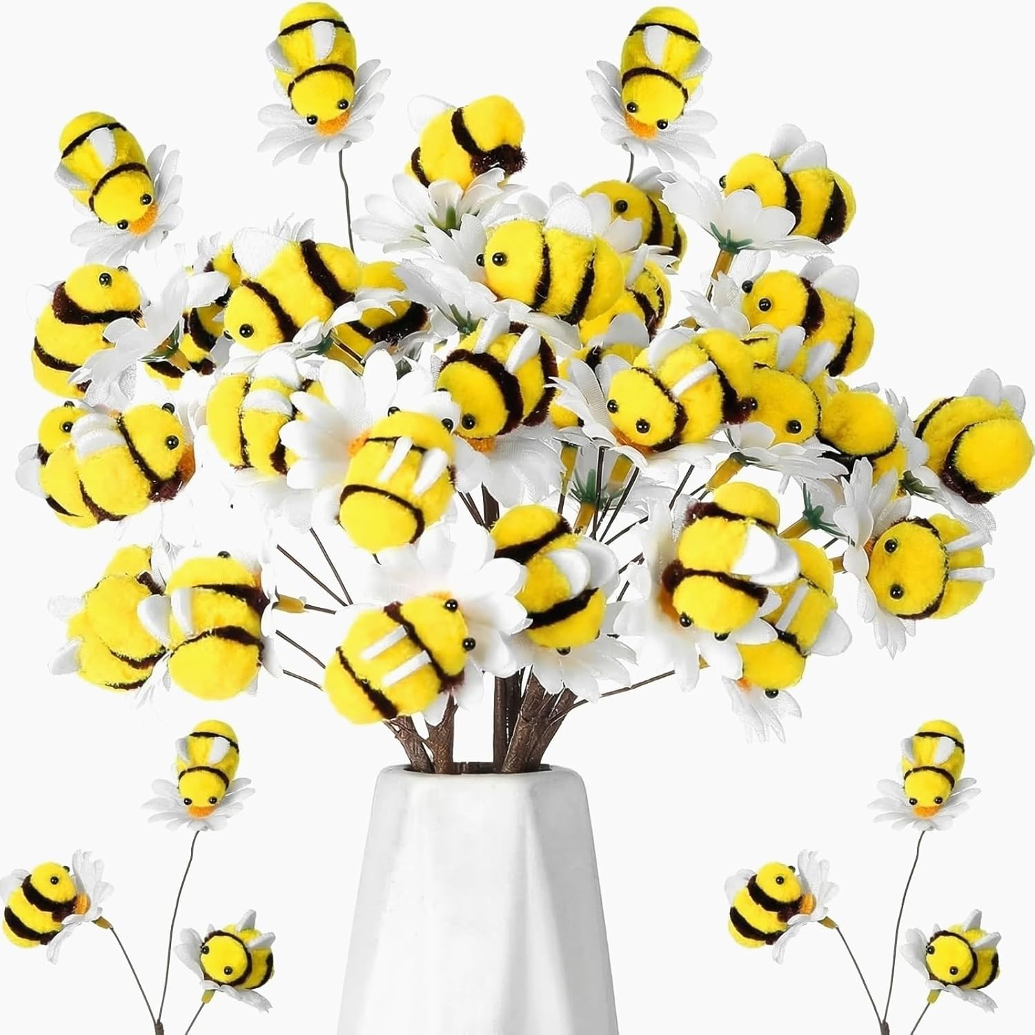 Suncalla Felt Bee Stems Summer Bees Birthday Party Decorations Felt Honeybee Branches 9.45 in Decorative Picks for Tree Vase Filler Home Table Centerpiece Farmhouse Spring Party(White Flower)