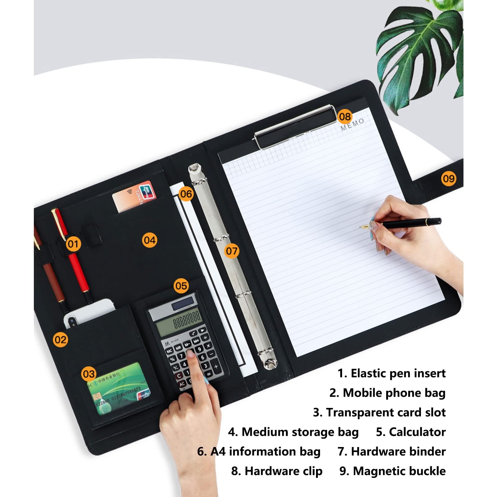 Portfoliomappe A4, 4-Ringbuch Businessmappe Konferenz- und Präsentationsmappe for Dokumente Präsentationsmappen Visitenkarten(Blue,12digit Calculator)