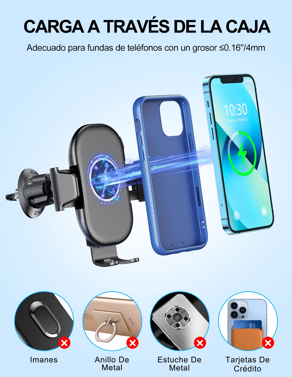 Mohard 15W Qi Cargador Inalámbrico Coche con Adaptador Cargador, Soporte Móvil Coche Carga Rápida, Rotación de 360° Sujeta Movil Coche Compatible con iPhone 16 Pro Max/15/14/13, Galaxy S25 Ultra/S23