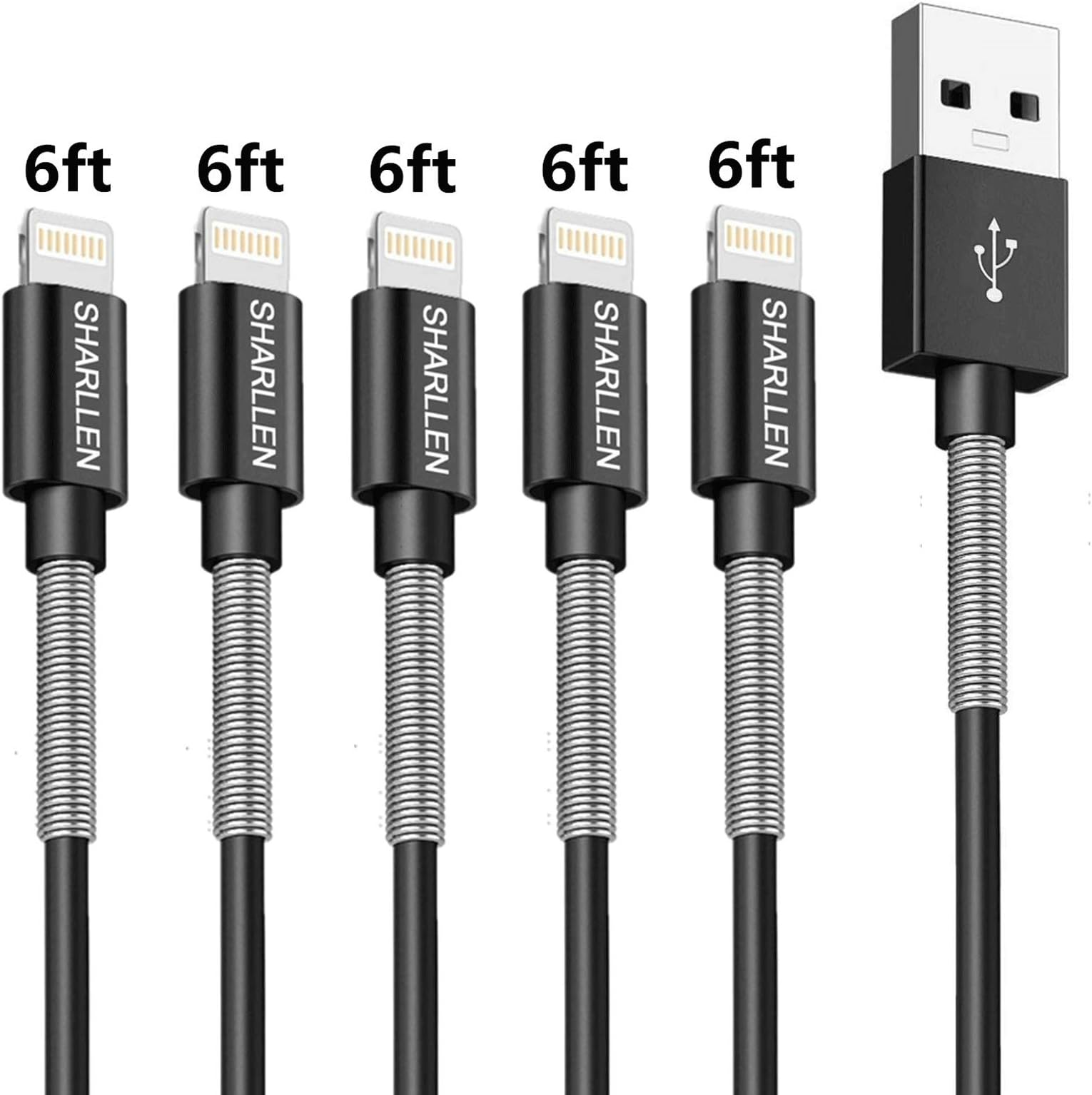 iPhone Charger Cable Sharllen Spring iPhone Lightning Cable 5Pack 6FT USB Fast Charging & Data Sync Cord Long iPhone Charging Cable Compatible iPhone Xs/Max/XR/X/8/8P/7/7P/6/6S/SE/iPad/iPod Black