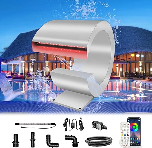 LONGRUN Fuente de piscina de acero inoxidable en forma de J, con control de RF y aplicación, kit de cascadas para estanques al aire libre para