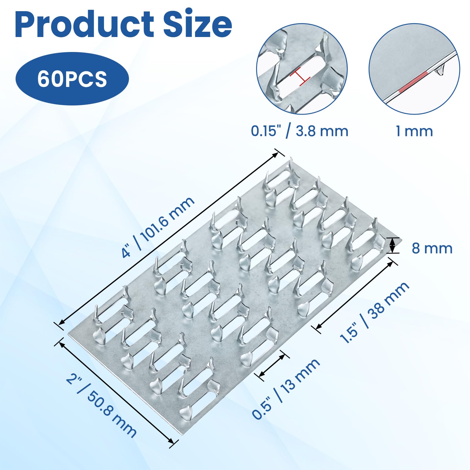 60 sztuk płyt kratownicowych, 10 cm x 5 cm, płyta naprawcza z zębami gwoździ, stal ocynkowana, wspornik do naprawy dachów, kratownicy, łącznika drewnianego, 60 szt