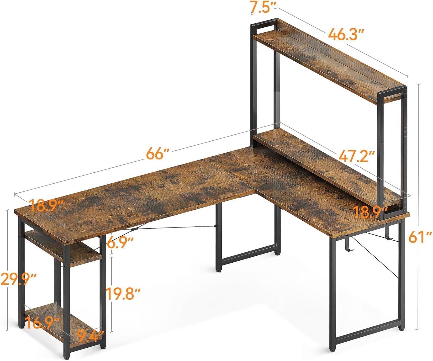 KKL L Shaped Desk with Hutch and Storage Shelves, 66" Inch Home Office Corner Computer Worstation Gaming Desk Rustic Brown