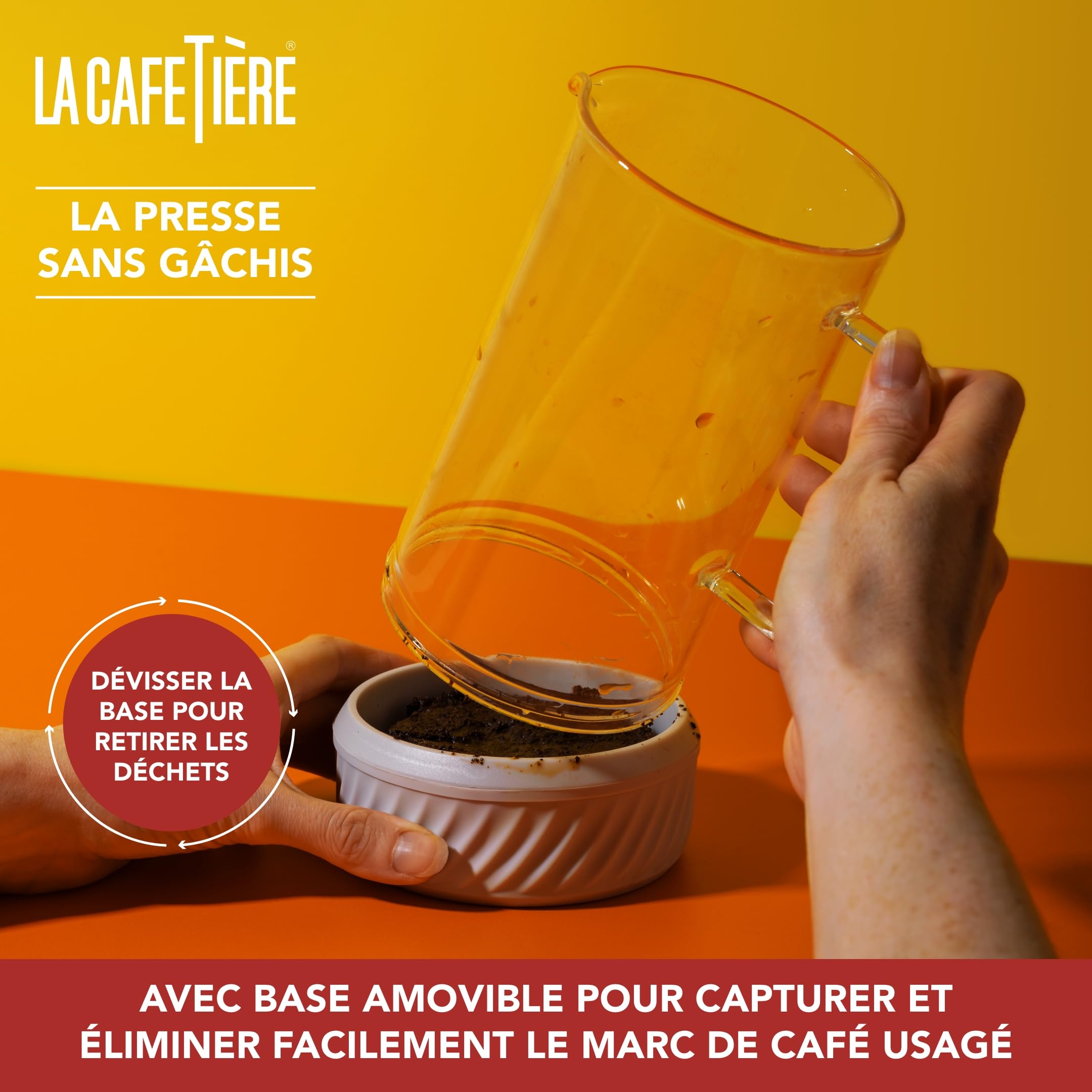 La Cafetiere Zero Cafetière à piston 8 tasses, couleur latte/crème, résistante à la chaleur, poignée en verre et base amovible en silicone, facile à nettoyer, idée cadeau pour amateurs de café