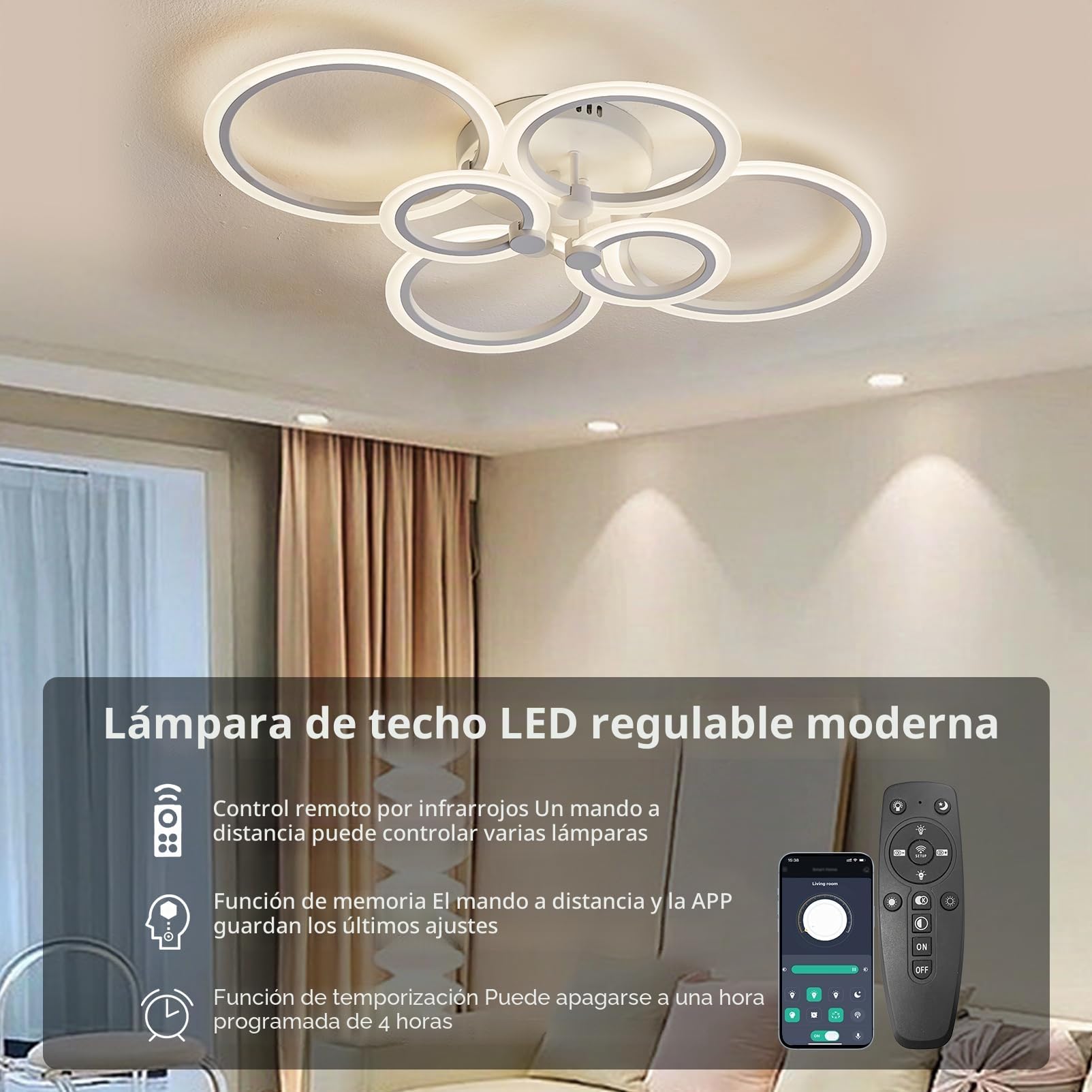 Plafon LED Techo Regulable, 54W 4590lm Modernas Lamparas de Techo Salon 2700K-6500K 5%-100% LED Lámpara de Techo Redondo Acrílico Blanco 80cm Con Control Remoto y APP para Cocina, Baño