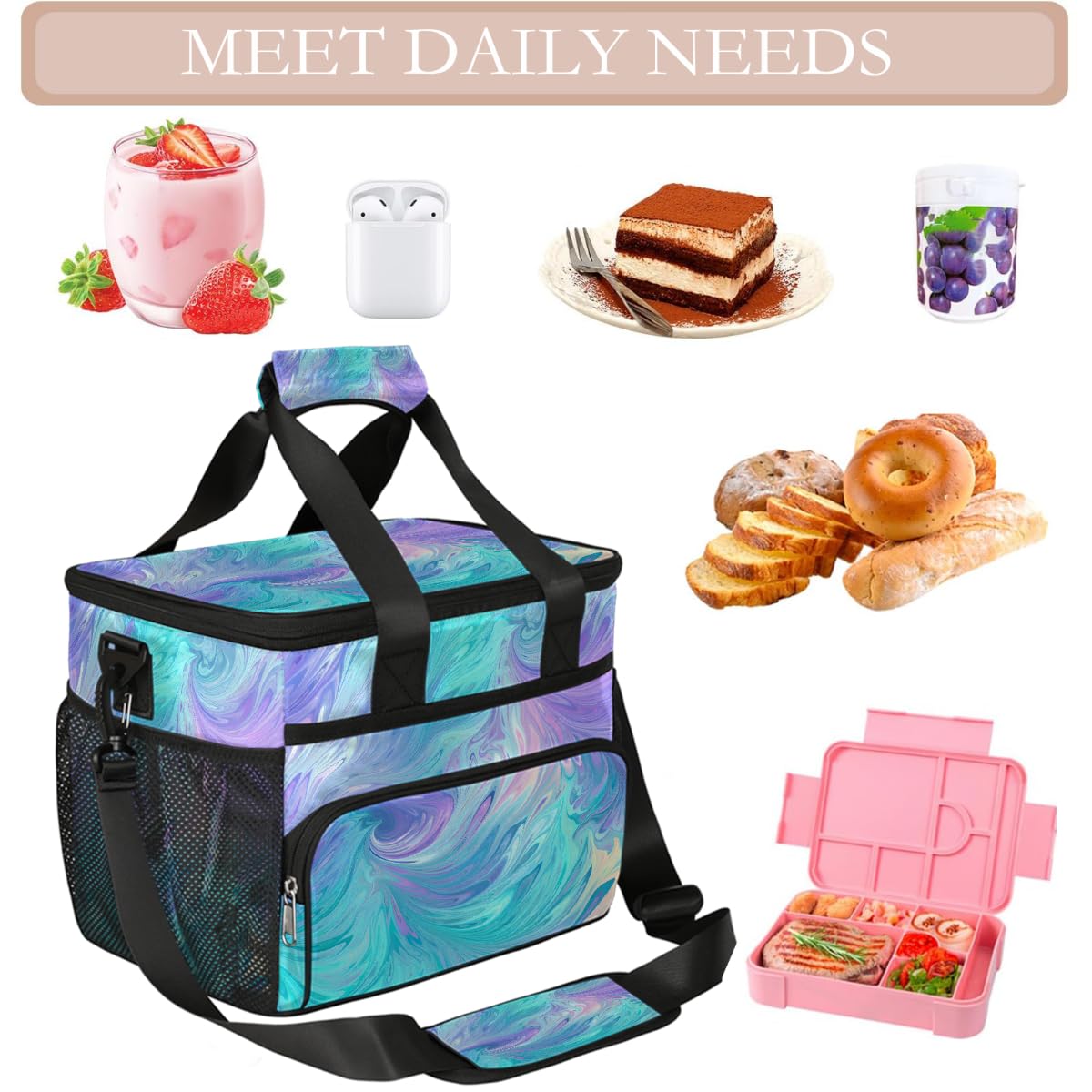 Bolsa térmica grande de camping para picnic, textura líquida, verde azulado, morado, plegable, portátil, bolsa de almuerzo y lonchera para hombres y mujeres, 20 L