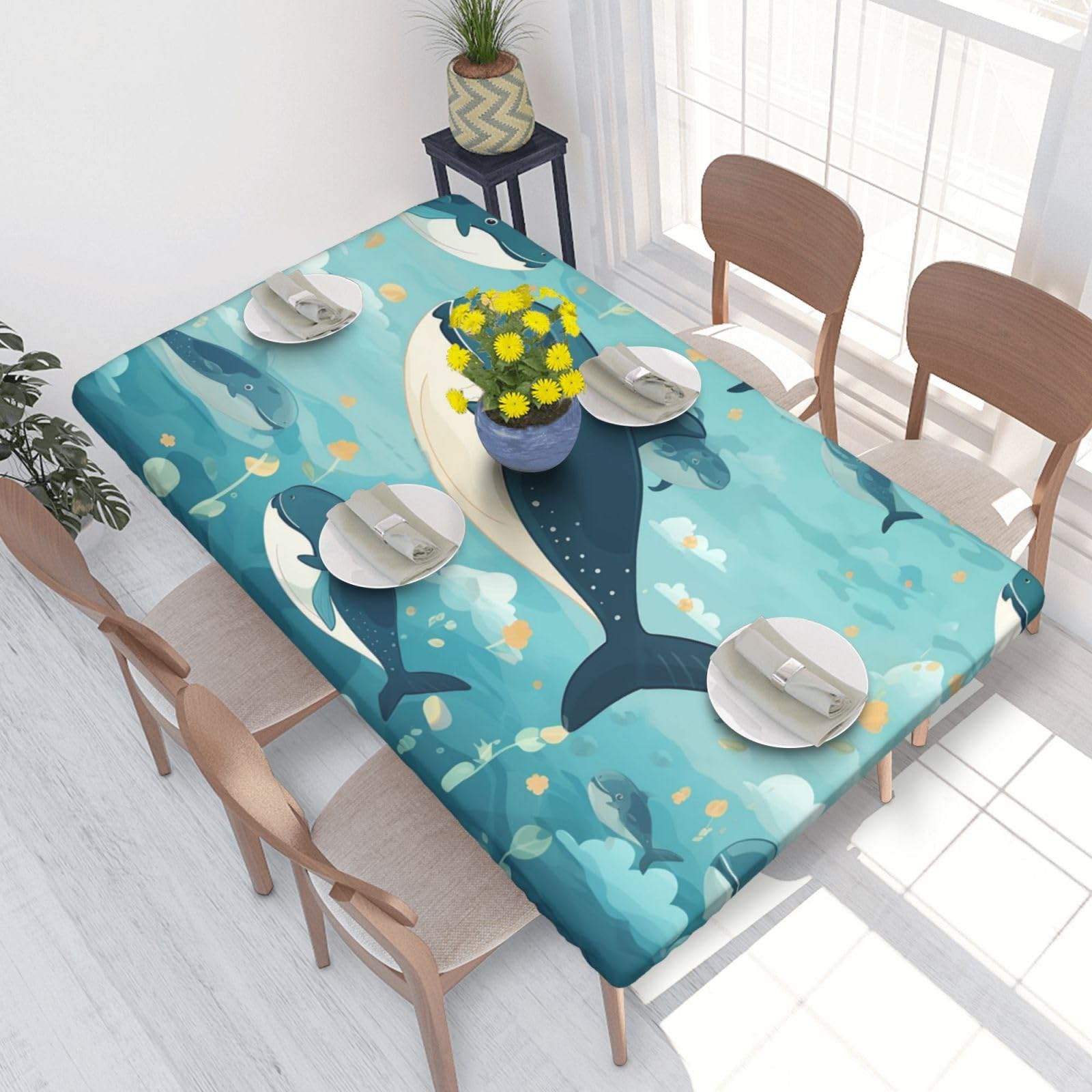 Cartoon Whales Background Waterproof Square Table Cover Elastic Fitted Tablecloth Oil Proof Table Protector For 4ft Table