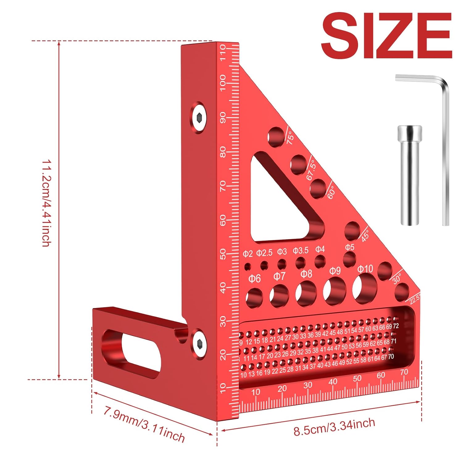 Metric 3D Multi-Angle Measuring Ruler, 22.5°-90° Degree Aluminum Alloy Woodworking Square Protractor, Miter Triangle Ruler High Precision Layout Measuring Tool for Engineer Carpenter (Red)