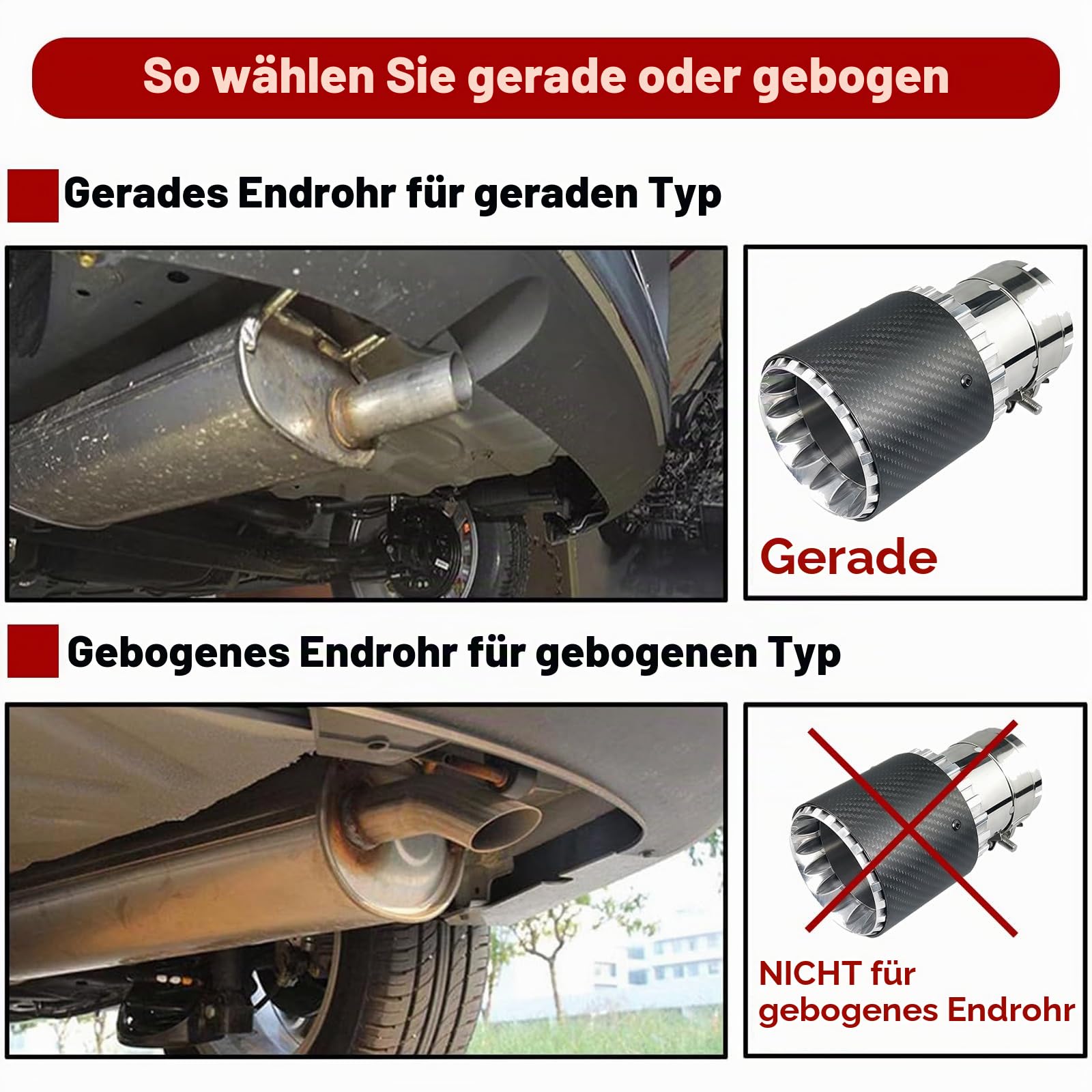 2,5" Auto Auspuff Endrohr Schalldämpfer Spitze für 63mm Einlass Auspuffrohr Edelstahl und Kohlefaser Endrohr Hinten Endschalldämpfer Auspuffendrohr Ende Kehle (Silber Schwarz, Stück, 1)