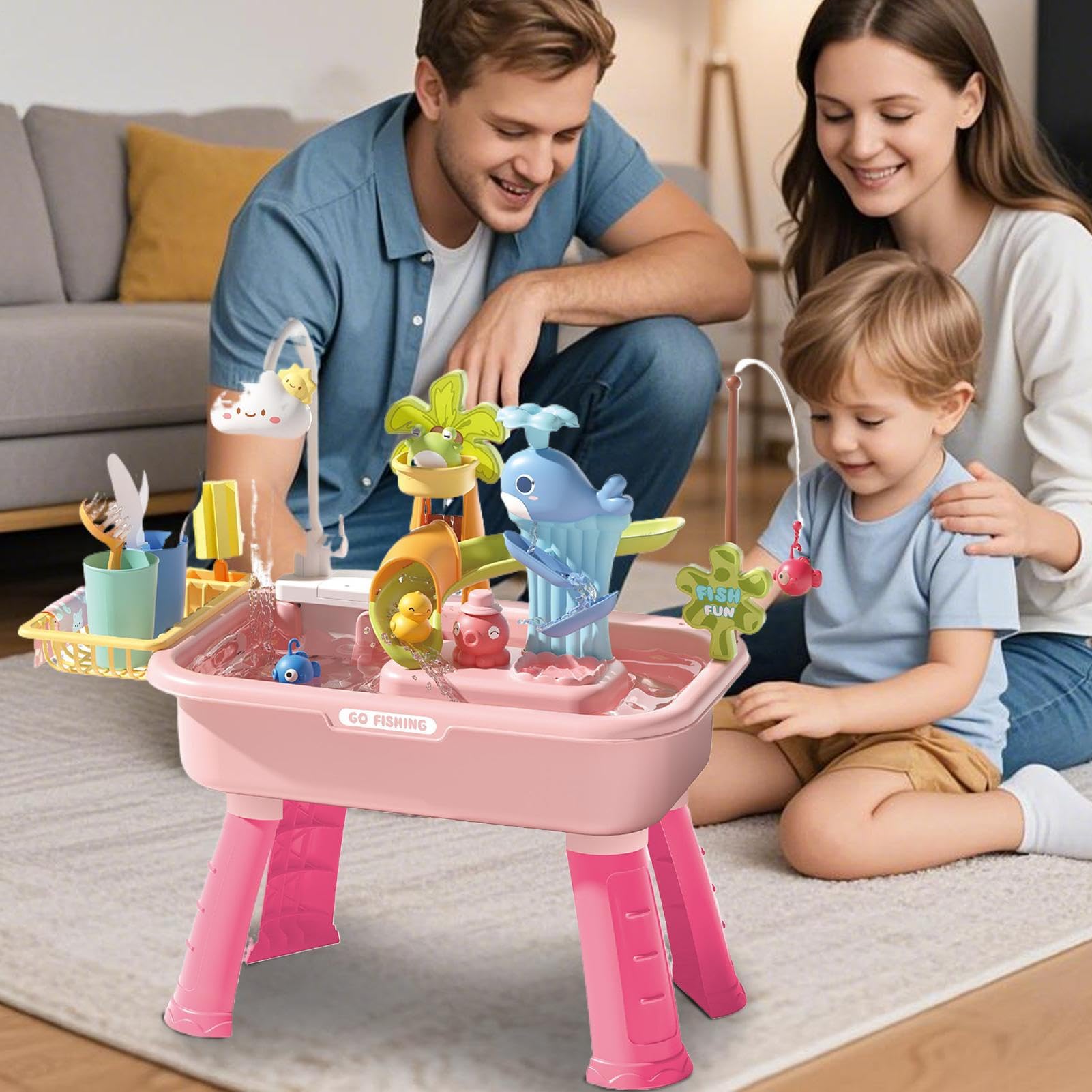Wasserspiel Tisch für Kinder Sand und Wasser Spielzeug Set | 4 in 1 Waschbecken mit elektrischem Wasserhahn Lernspielzeug Rollenspiel für Mädchen Park Pool Kindergarten Garten