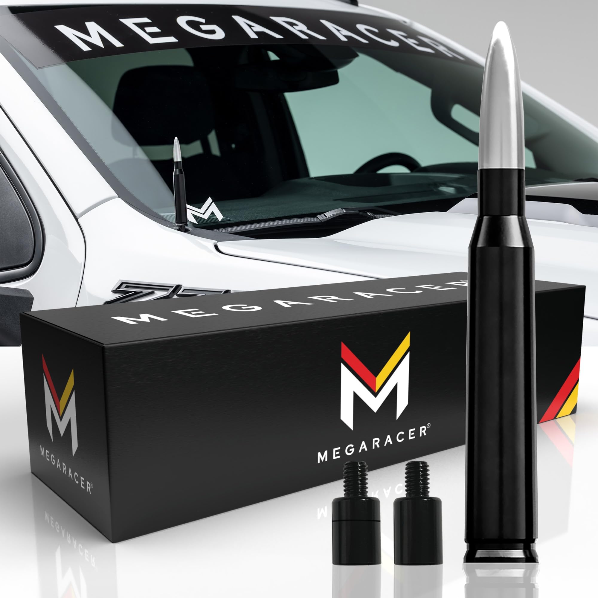Mega Racer 5.5” Black Base Silver Tip Antenna - 2006-2024 Chevrolet Silverado GMC Sierra, 6061 Solid Aluminum, Short Antenna Replacement, Pack of 1