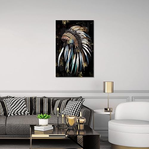 Miniatura 3 de FuShvre Lienzo de nativo americano, decoración de pared, diseño de plumas de jefe indio, impresión de pintura de jefe tribal enmarcado