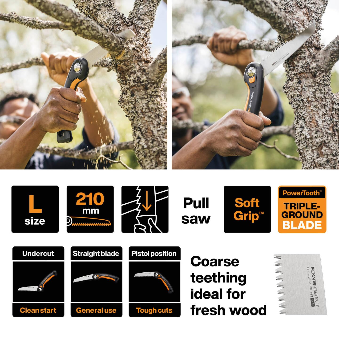 Fiskars Seghetto a Serramanico Plus, Per Rami e Tronchi Spessi, 3 Posizioni di Taglio, Lama Affilata Power Tooth, Denti Grossi, Lunghezza della Lama: 21 cm, Nero/Arancione, SW69, 1067553