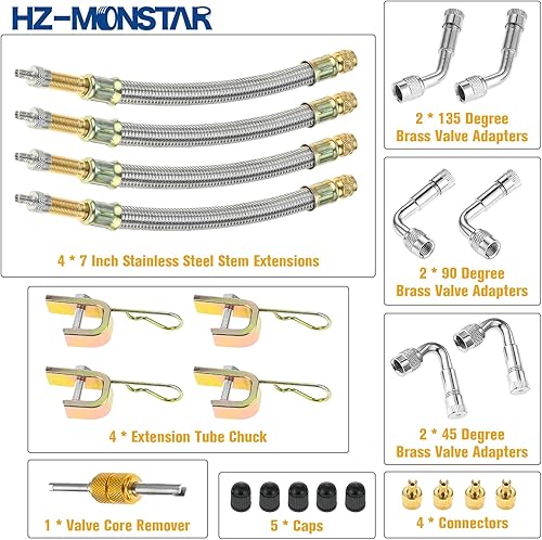 Miniatura 7 de Extensores de vástago de válvula, 4 extensiones de vástago trenzado de acero inoxidable flexible de 7 pulgadas, 6 adaptadores de válvula de latón de