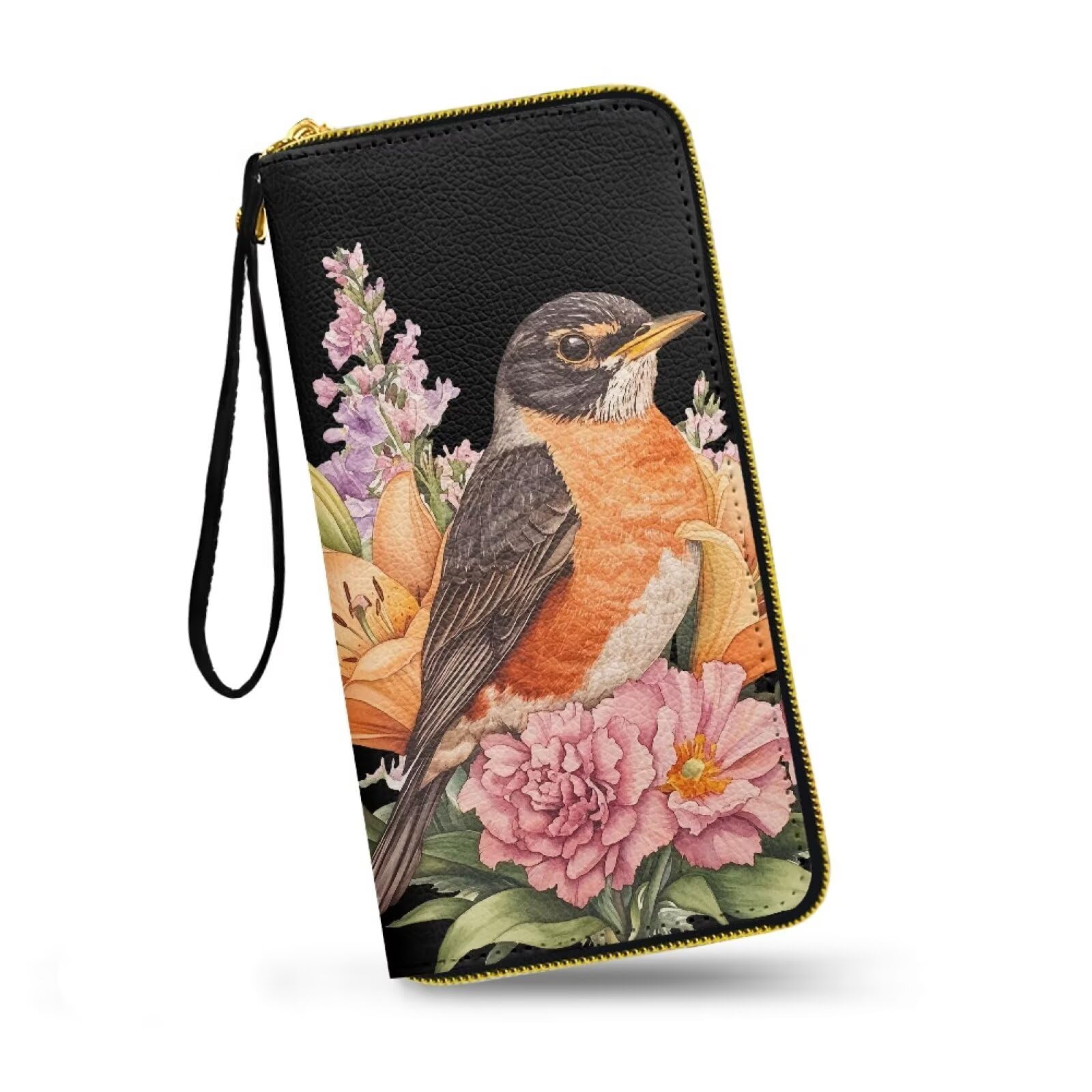 Jolamirel Painting Bird Floral Wallet for Women American Robin Printed Large Capacity Credit Card Holder, Watercolor Flowers Ladies Wristlet Clutch Leather Wallet