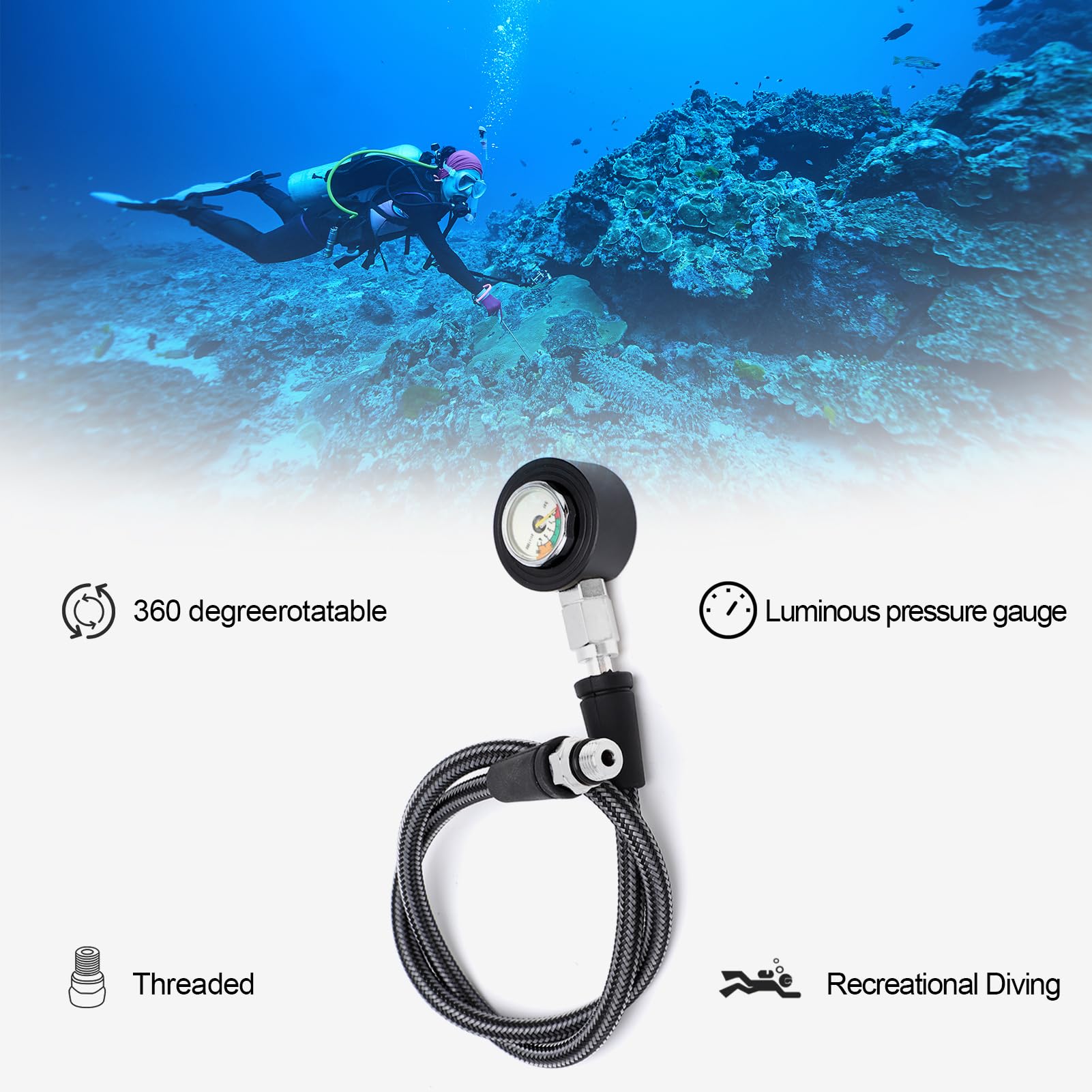 Manómetro de buceo sumergible Manómetro iluminado con manguera de alta presión para regulador BCD equipo de buceo submarino