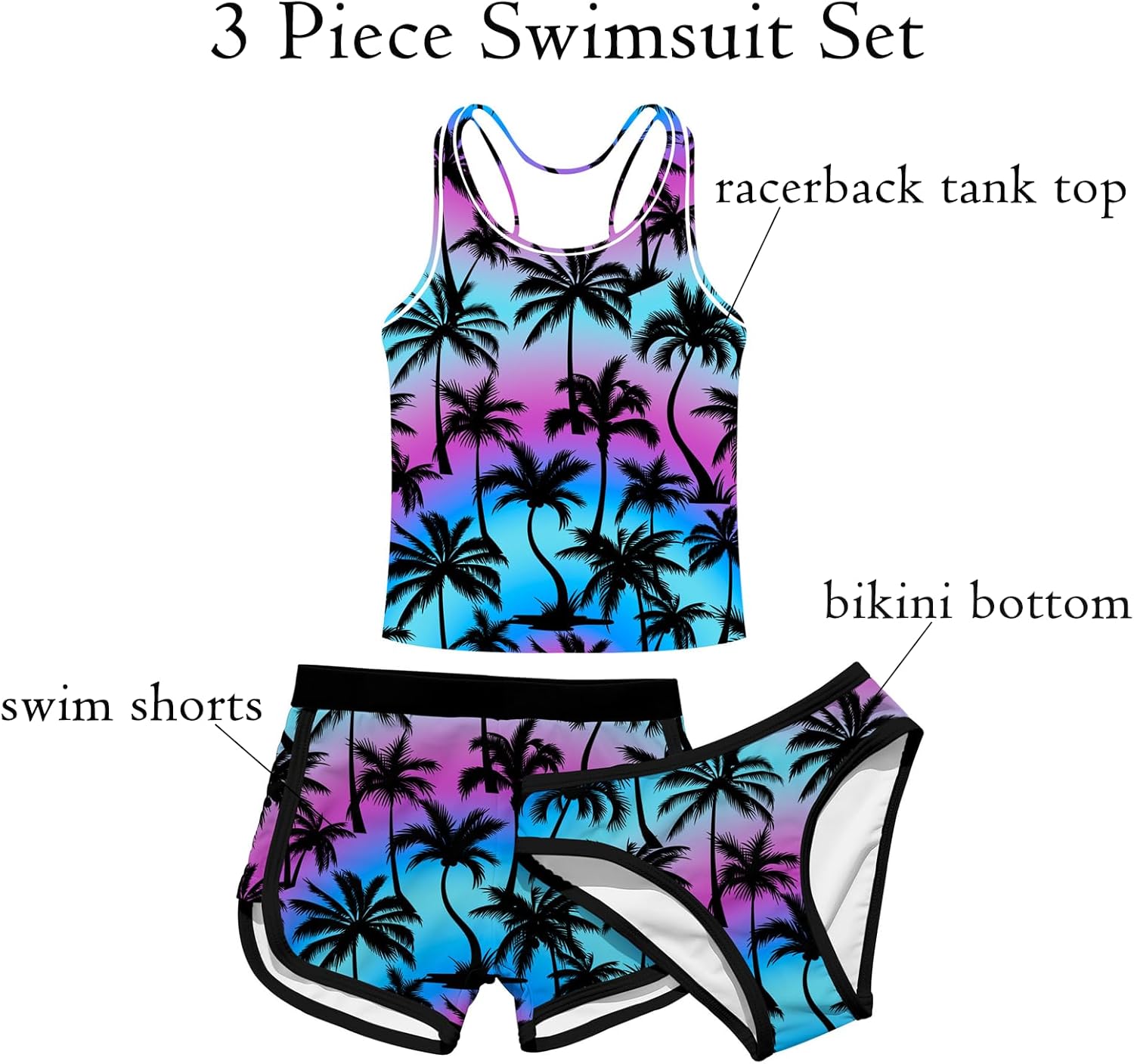 Enlifety 8-18T Girls 3 Piece Tankini Swimsuit Racerback Bathing Suit with Shorts & Briefs - Image 4