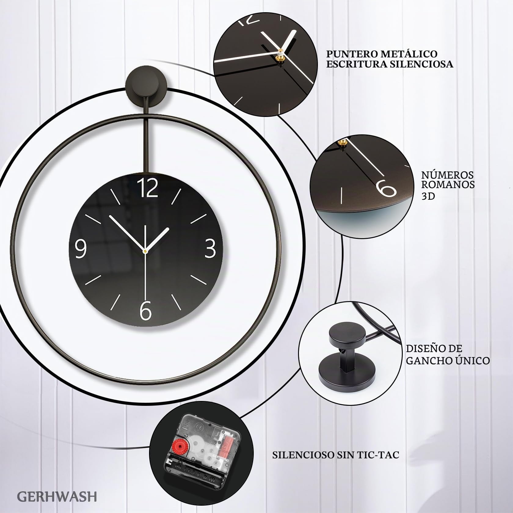 Reloj de pared grande de metal de 60 cm, sin ruido de tictac, silencioso, moderno, digital, esfera grande de cristal, color negro, para habitaciones, hogar, cocina, dormitorio, oficina