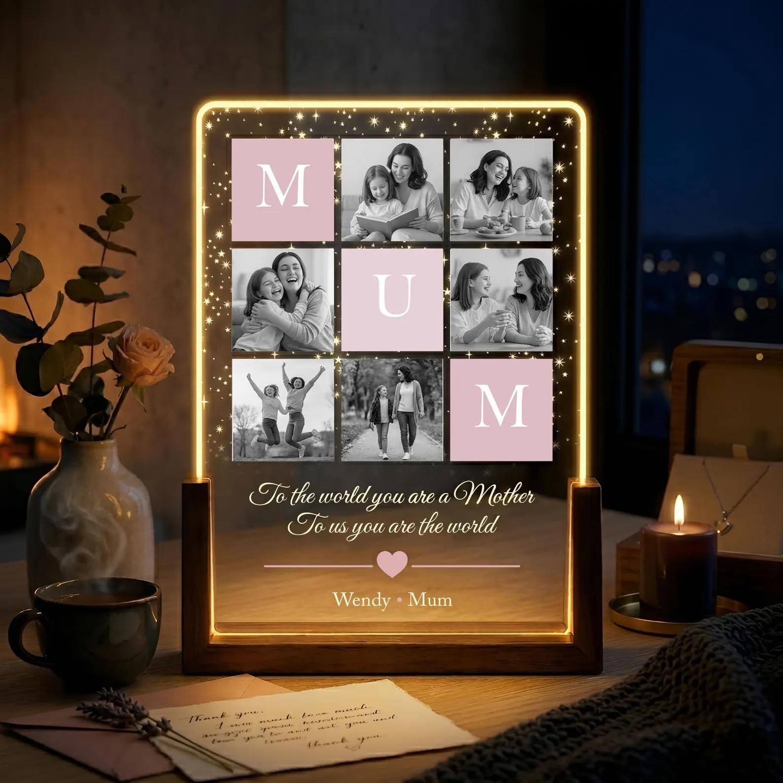 THE GRANDEUR Personalized Mum Photo Collage LED Night Light, Acrylic with Wooden Base, Touch Control, Rectangular, Bedroom Tabletop Lamp (6.4” x 8.4”)-image-46
