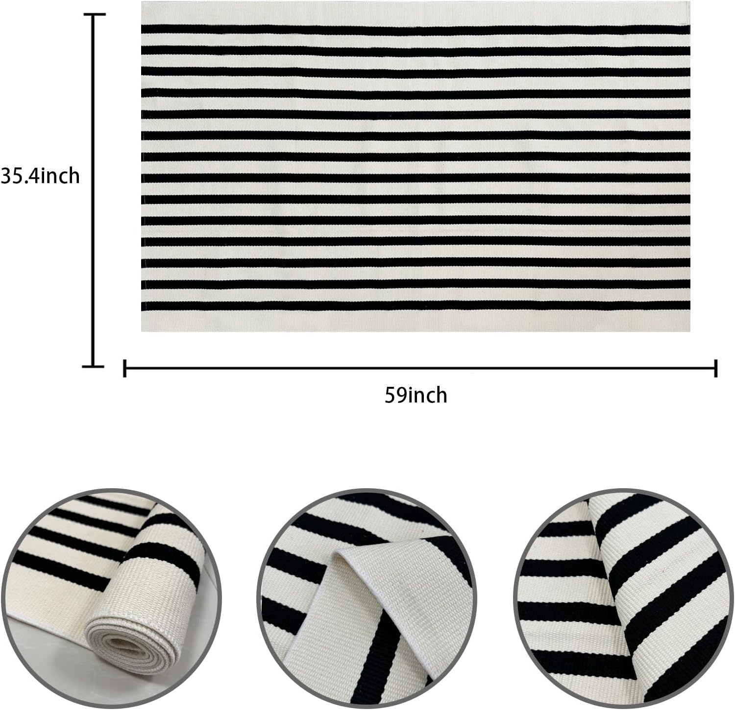 USTIDE Black and White Striped Front Door Rug 35.4'' x 59'' Washable Outdoor Rug Cotton Hand-Woven Reversible Welcome Layered Doormat Carpet for Kitchen/Living Room