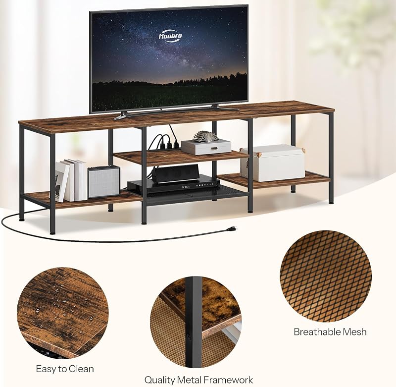 HOOBRO TV Stand with Power Outlets to 75 Inches, TV Console Table with Open Storage Shelves Cabinet, Industrial Media Entertainment Center for Living Room Bedroom, Rustic Brown and Black BF60DS01 image 6