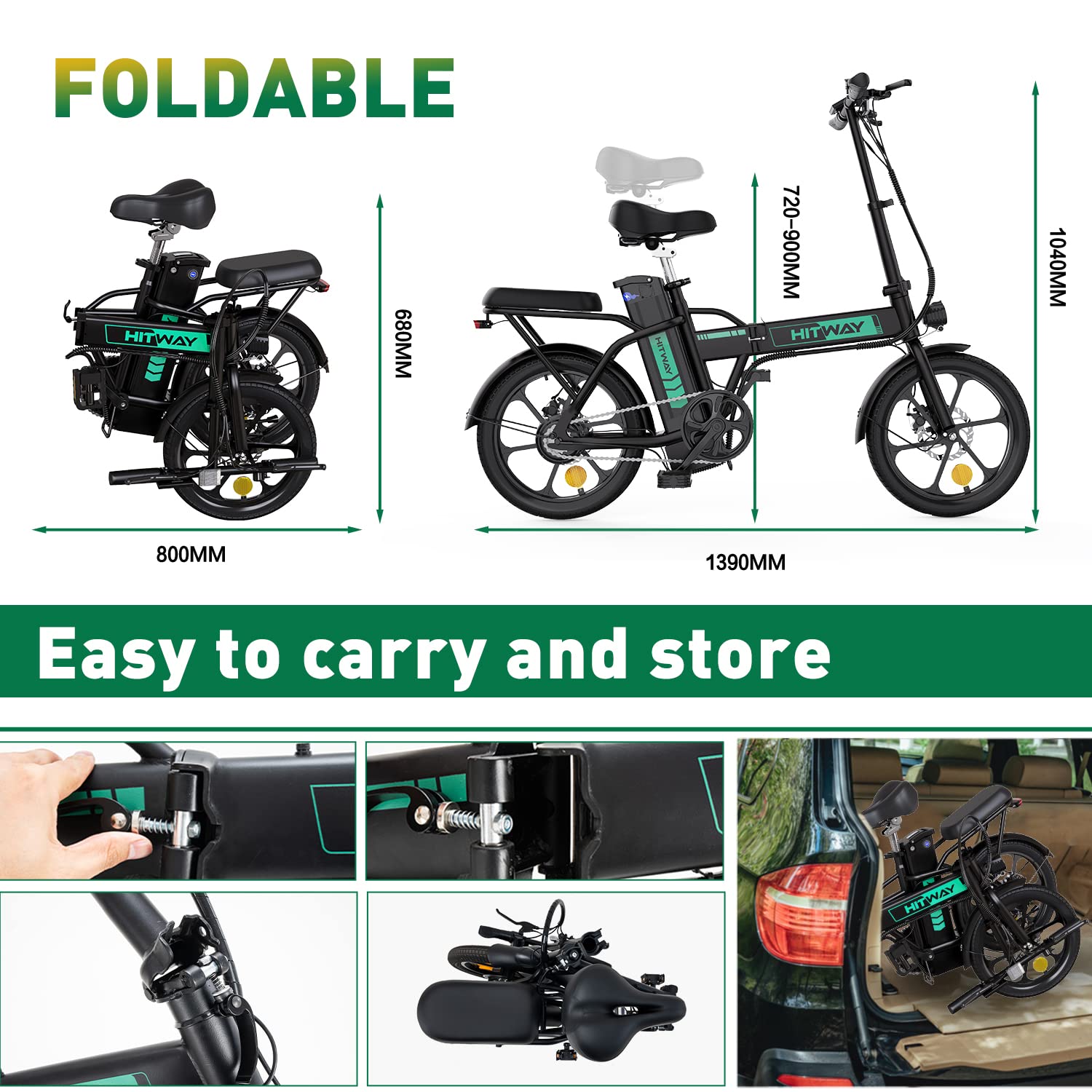 HITWAY BK5S Bicicleta Eléctrica Plegable 250W, Batería 36V 13Ah, Autonomía 45-100 km, Display LCD, IP54 Impermeable, E-Bike Pedelec 25 km/h para Hombre y Mujer
