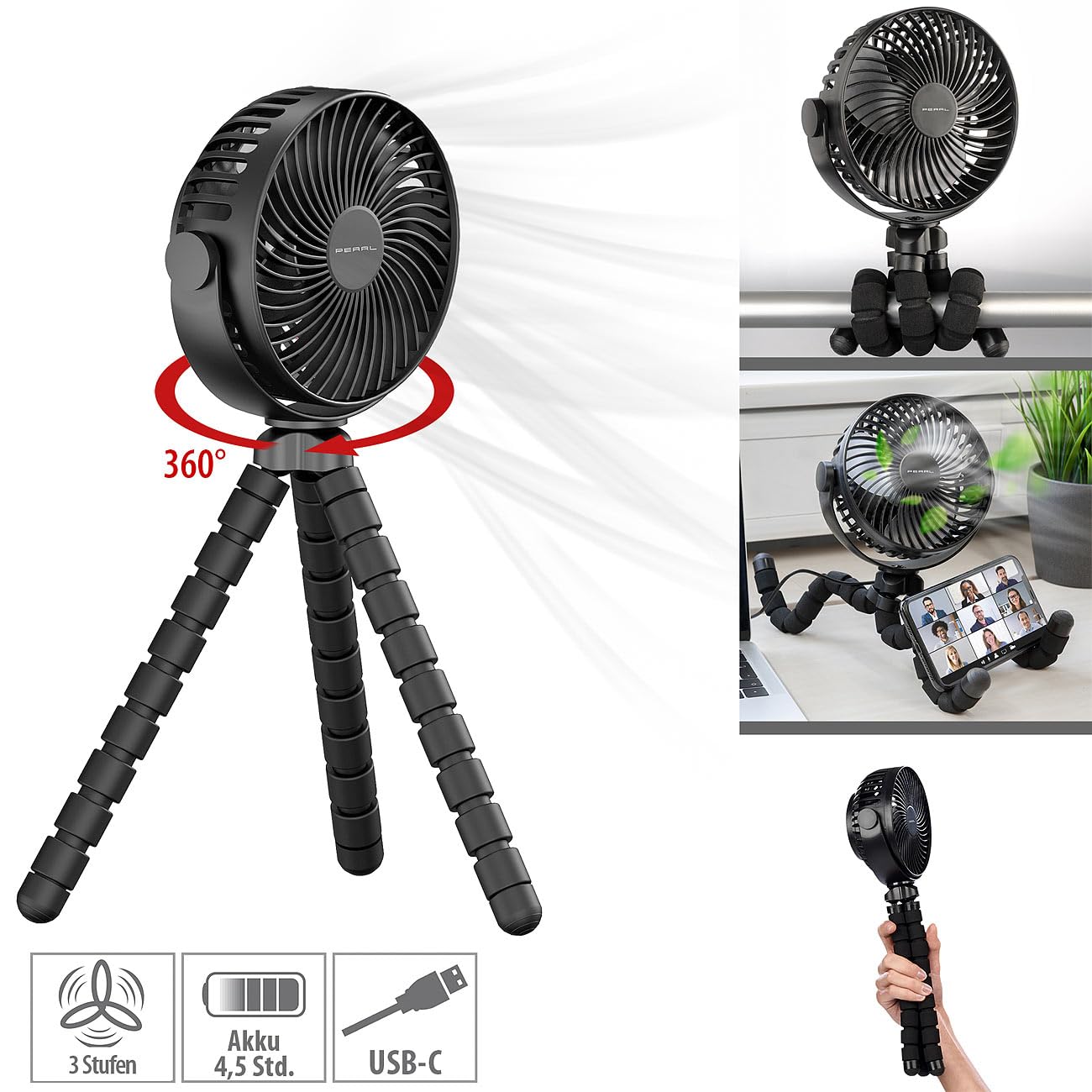 PEARL Akku Ventilator: 360°-Akku-Handventilator mit flexiblem Stativ, 3 Geschwindigkeiten (Hand-Ventilator, 3-Bein-Stativ, Mini)