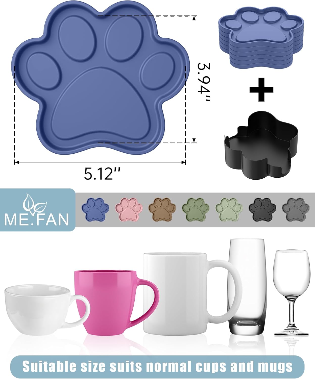 ME.FAN Silicone Coasters 6 Pack Paw Cup Mat with Holder, Dog Cat Paw Shape, for Hot or Cold Drink, Non-Slip, Non-Stick, Room Decor, Housewarming Coffee - Image 3
