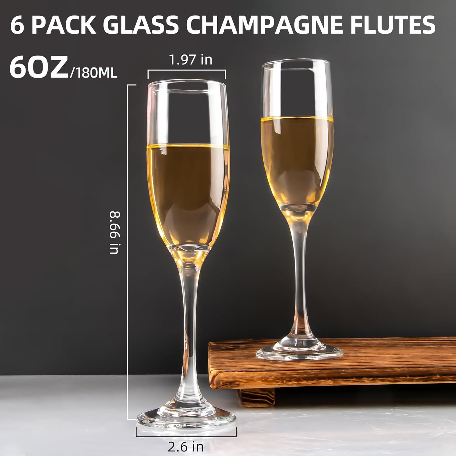 Classic Champagne Glasses Set of 6, 6oz Glass Champagne Flutes, Stemmed Champagne Flutes, Sparkling Wine Glass for Party, Wedding and Home - Clear - Image 2