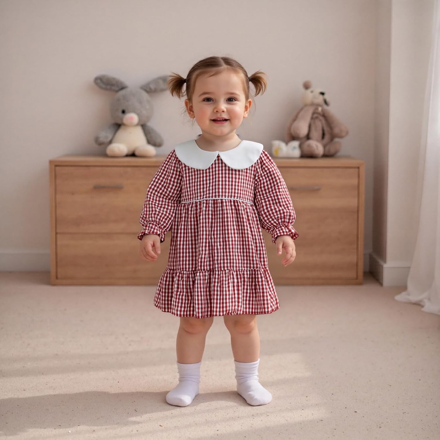 Biayxms Toddler Baby Girl Plaid Dress Puff Long Sleeve Gingham A Line Dresses Casual Girls Princess Christmas Dress - Image 2