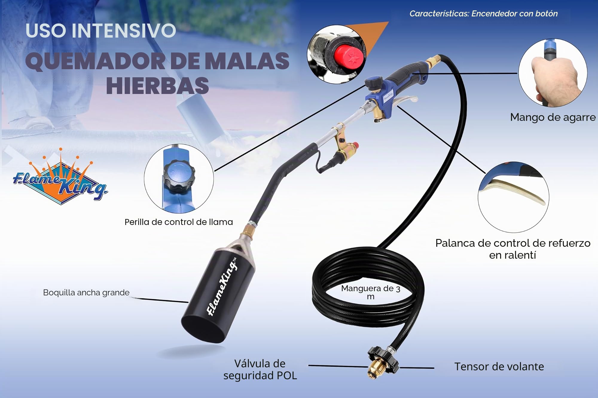 Flame King Kit de antorcha de propano resistente para malas hierbas, 340,000 BTU con encendedor piezoeléctrico (autoencendido), con conjunto regulador de manguera de 6 pies