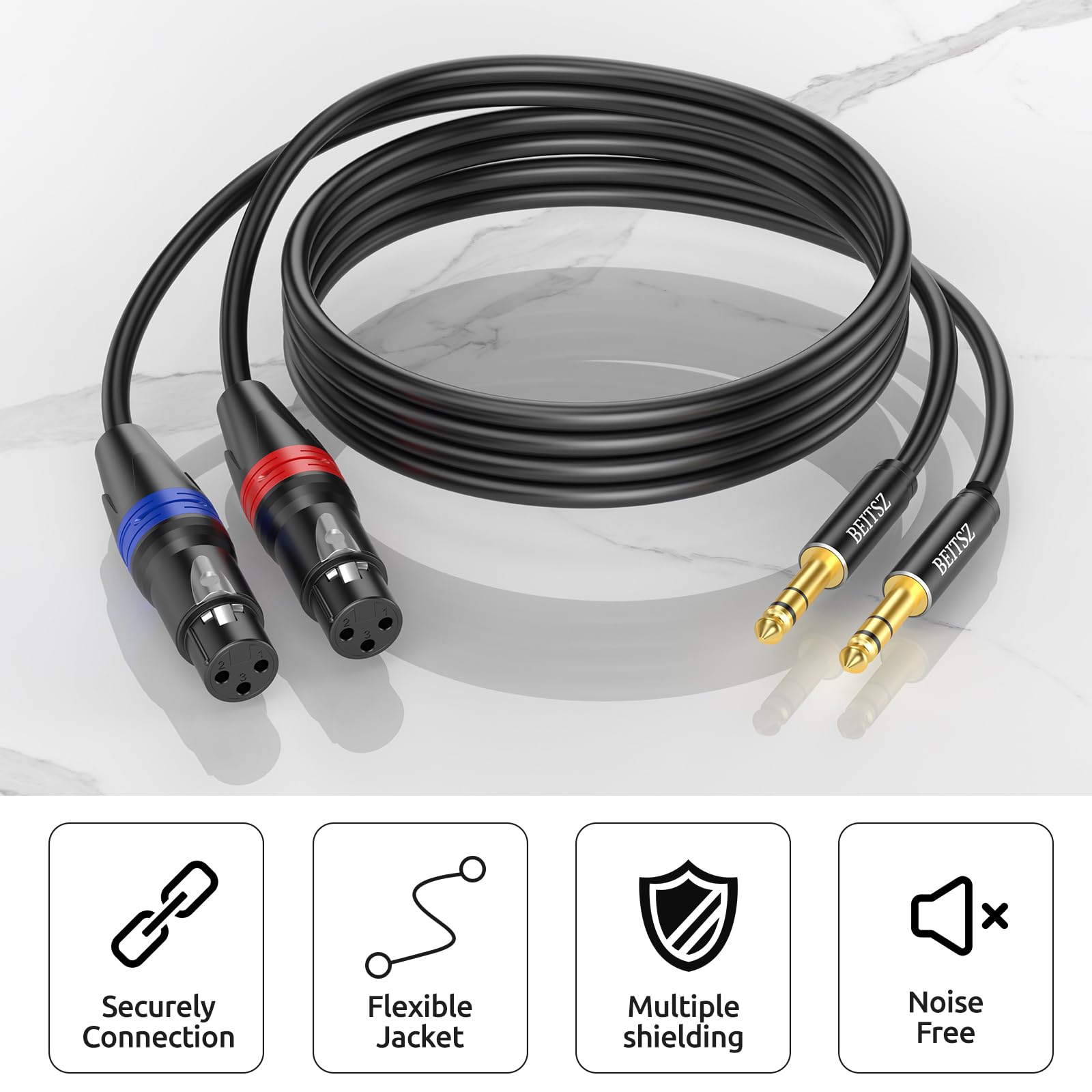 BEITSZ Cavo XLR Femmina a Jack, bilanciato XLR femmina a jack TRS da 1/4 per Microfono, Amplificatore, Mixer (10M,2Pack)