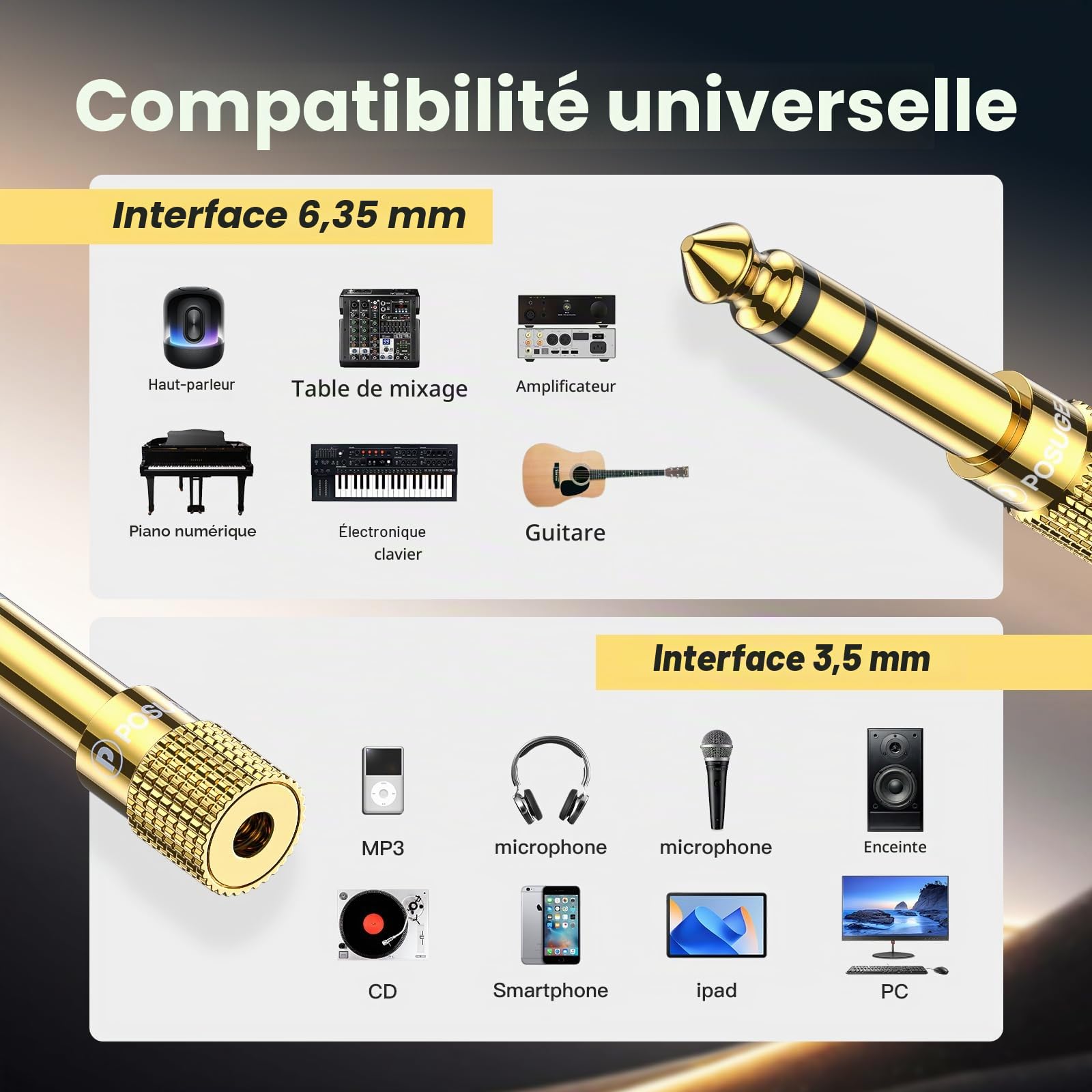 POSUGEAR Adaptateur Jack 6.35 mm Mâle vers 3.5 mm Femelle Audio Connecteur Stéréo Plaqué Or