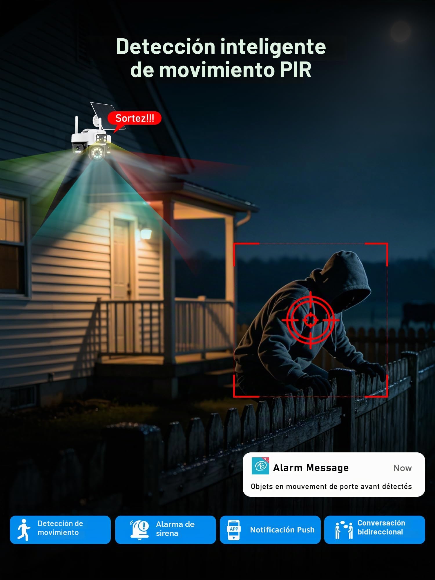 4G cámara vigilancia exterior inalámbrica, AOV 24/7, cuatro lentes/cámara solar/batería,4K cámaras de vigilancia con tarjeta SIM,visión Vocturne,Alarma,Audio bidireccional,seguimiento automático