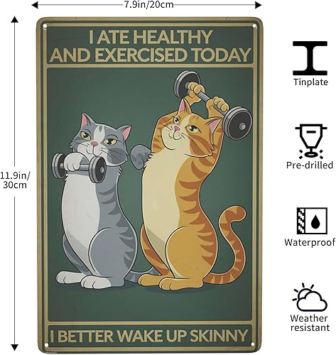Miniatura 3 de Letrero de lata de gato de fitness de 8 x 12 pulgadas, arte de pared motivacional de metal para gimnasio, estudio de yoga y decoración de habitación