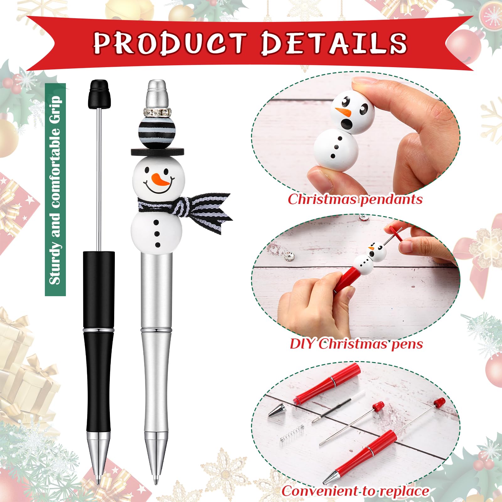 Tenceur Lot de 60 stylos à bille en plastique avec 240 perles pour le bureau, l'école, la salle de classe, les étudiants (rouge, noir, blanc)