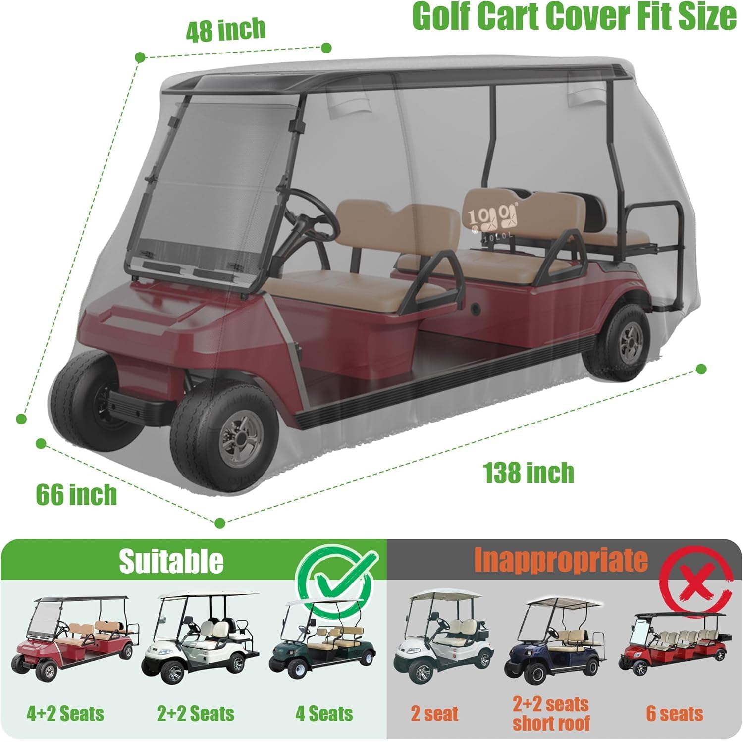 10L0L Housse de chariot de golf pour 4 + 2 passagers pour Yamaha EZGO, Club Car, housse imperméable 420D en polyester durable avec trois portes à fermeture éclair, coupe-vent, résistante au soleil,