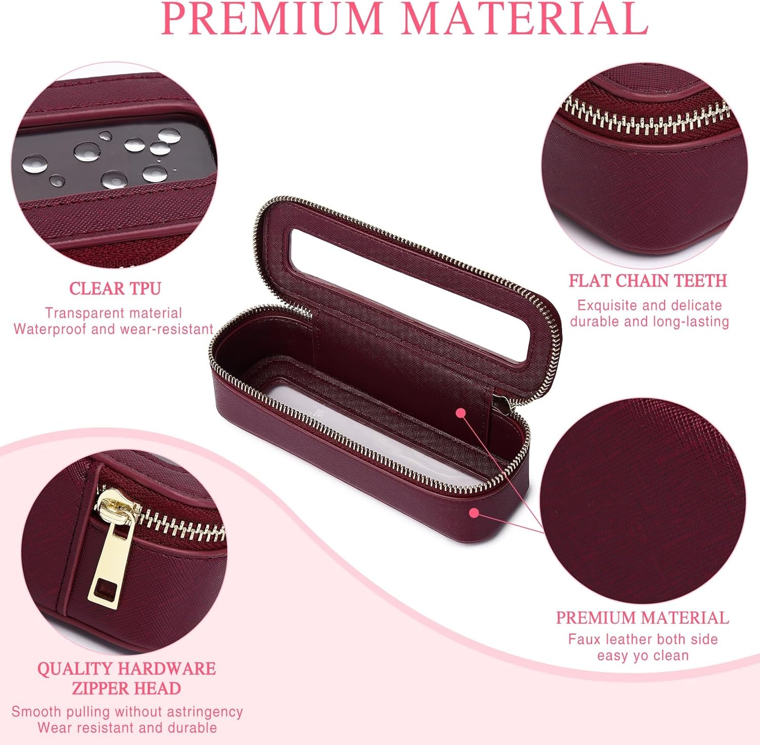 Travel Makeup Set Waterproof Transparent Cosmetic Bag and Toiletry Bag Makeup Brush case with Zipper Car Essentials for Women (Burgundy, L+M+SLIM)