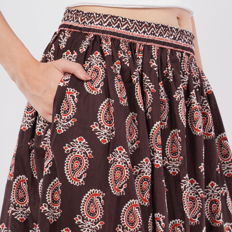 Rabhika Women’s Maroon Patterned Pure Cotton Panel Maxi Skirt, Stylish Ethnic Wear Long Cotton Skirt for Women| 2XL 2