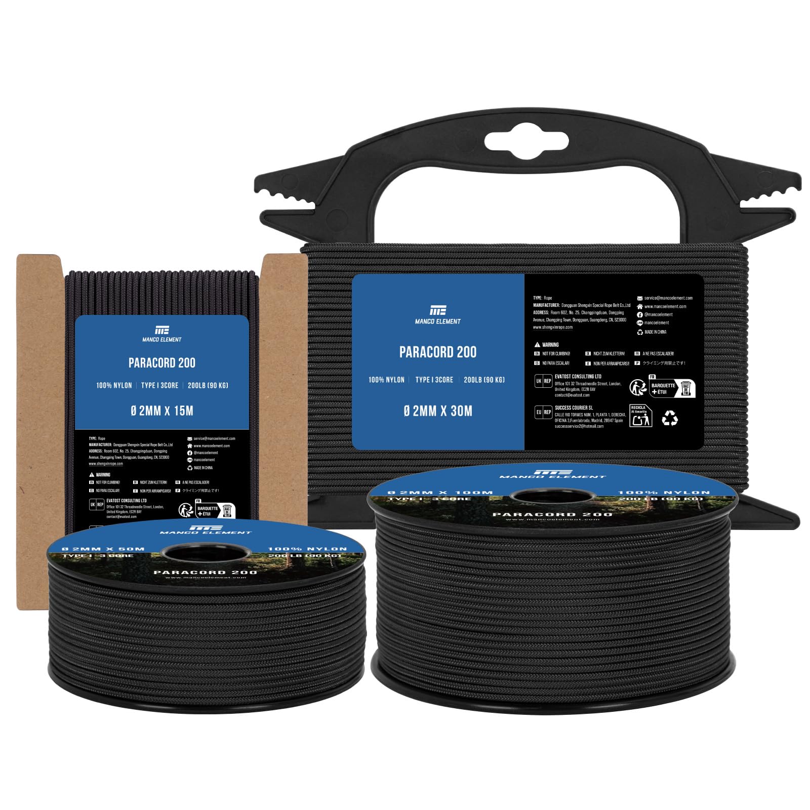 Paracorde 2mm 15m 3 Brins Corde Type I Noir | Cordelette 100% Nylon | Capacité de Charge 90KG - Idéal pour Extrieur, Artisanat, Camping