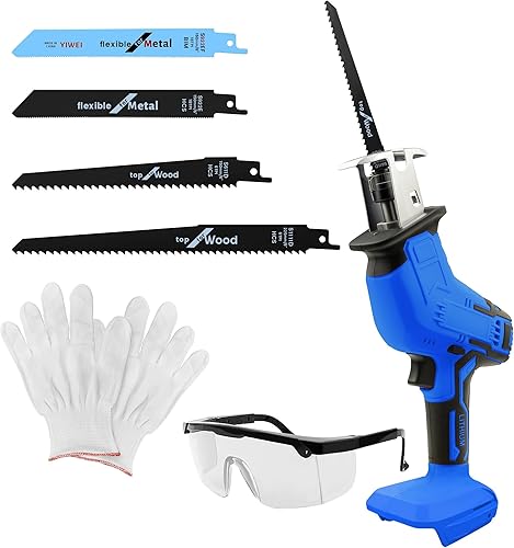 Sierra recíproca compatible con batería de 18 V, sierra recíproca inalámbrica, velocidad variable de 0-3500 SPM, 4 hojas de sierra/gafas